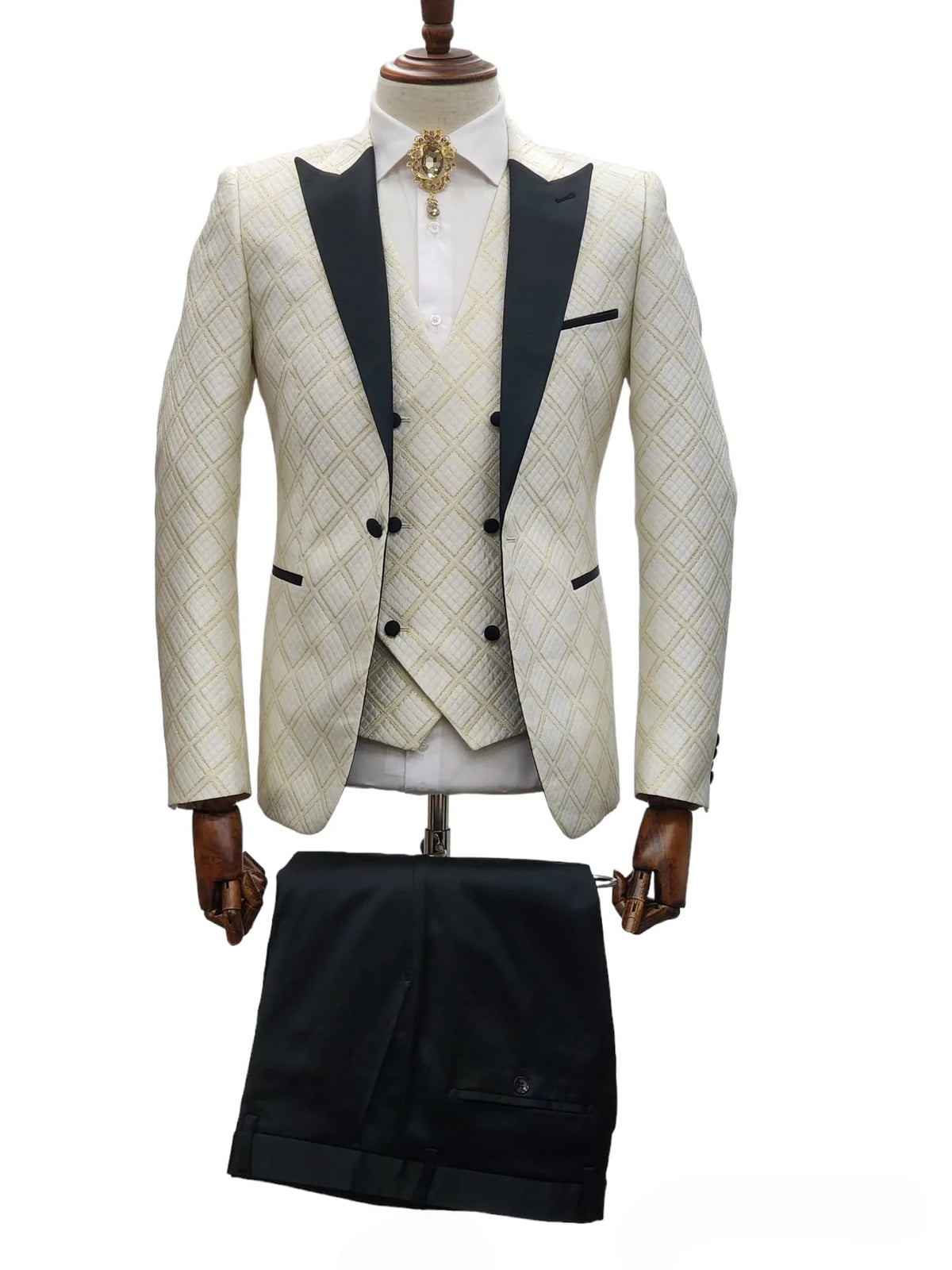 Ivory Tuxedo - Cream Wedding Suit  - Off White Groom Peak Lapel  Suit