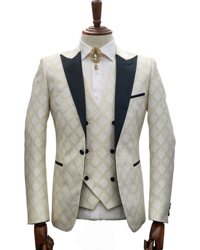 Ivory Tuxedo - Cream Wedding Suit  - Off White Groom Peak Lapel  Suit 2   - from alligatorwarehouse.com