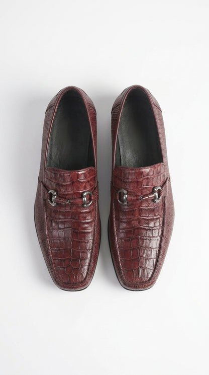 Los Altos Men’s Burgundy Crocodile Lizard Metal Bit Loafers, Exotic Dress Shoes
