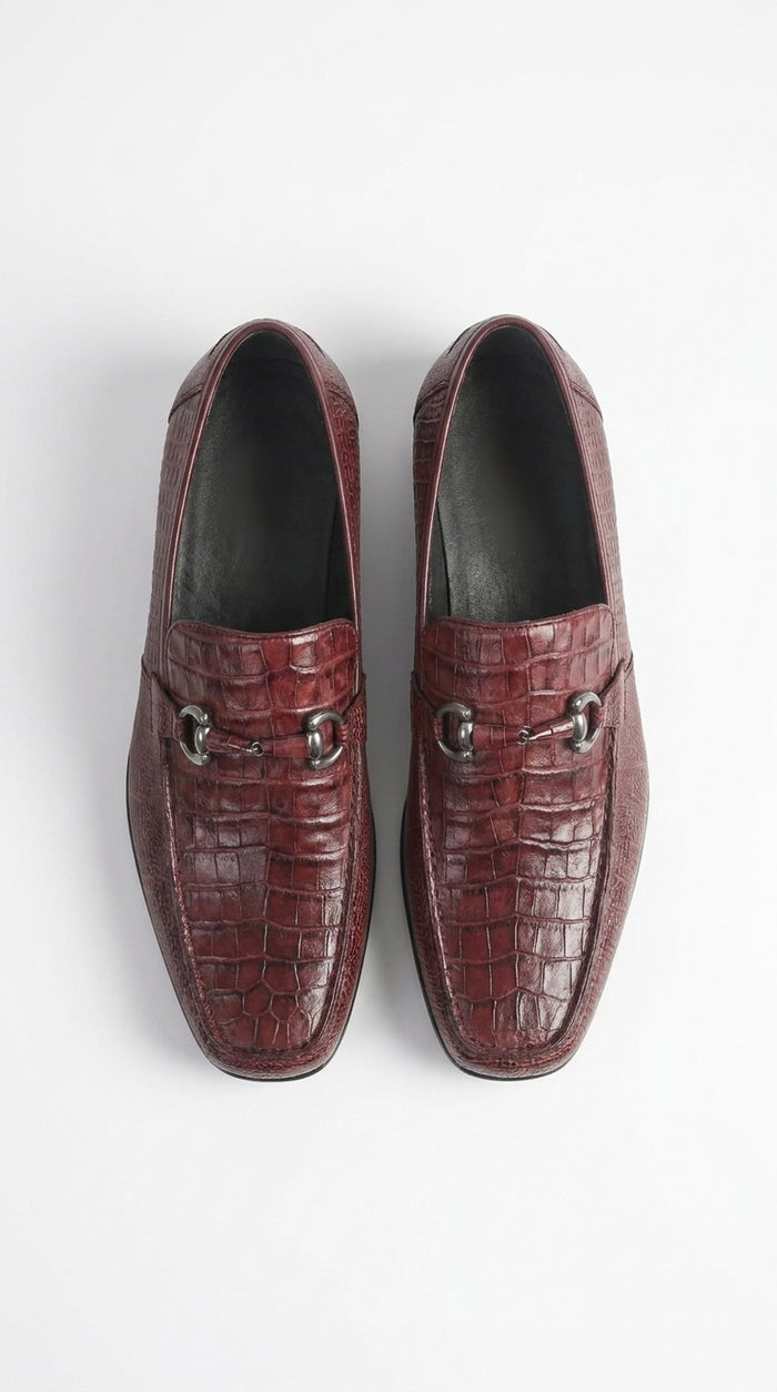 Los Altos Men’s Burgundy Crocodile Lizard Metal Bit Loafers, Exotic Dress Shoes