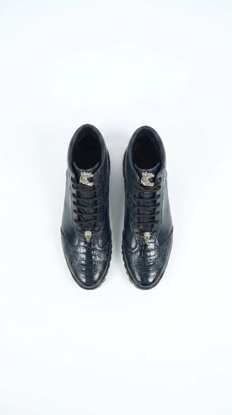 Los Altos Men’s Navy Genuine Ostrich Leg Casual Ankle Boots, Exotic Lace-Up Dress Boots