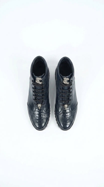 Los Altos Men’s Navy Genuine Ostrich Leg Casual Ankle Boots, Exotic Lace-Up Dress Boots