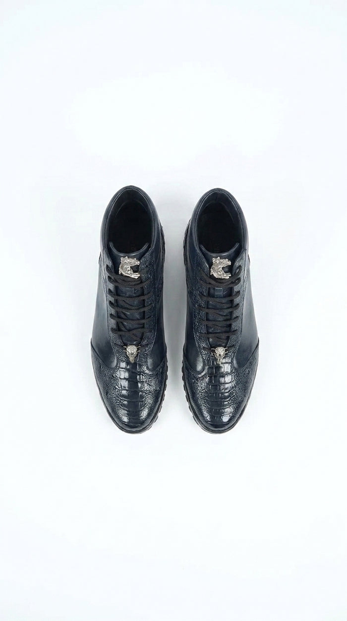 Los Altos Men’s Navy Genuine Ostrich Leg Casual Ankle Boots, Exotic Lace-Up Dress Boots