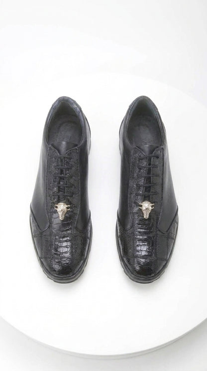 Los Altos Men’s Navy Genuine Ostrich Casual Sneakers, Exotic Lace-Up Dress Shoes