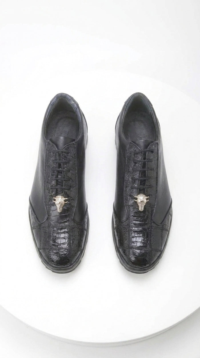 Los Altos Men’s Navy Genuine Ostrich Casual Sneakers, Exotic Lace-Up Dress Shoes