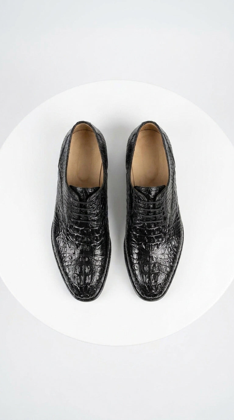 Los Altos Men’s Black Caiman Hornback Plain Toe Shoes, Exotic Lace-Up Formal Dress Shoes