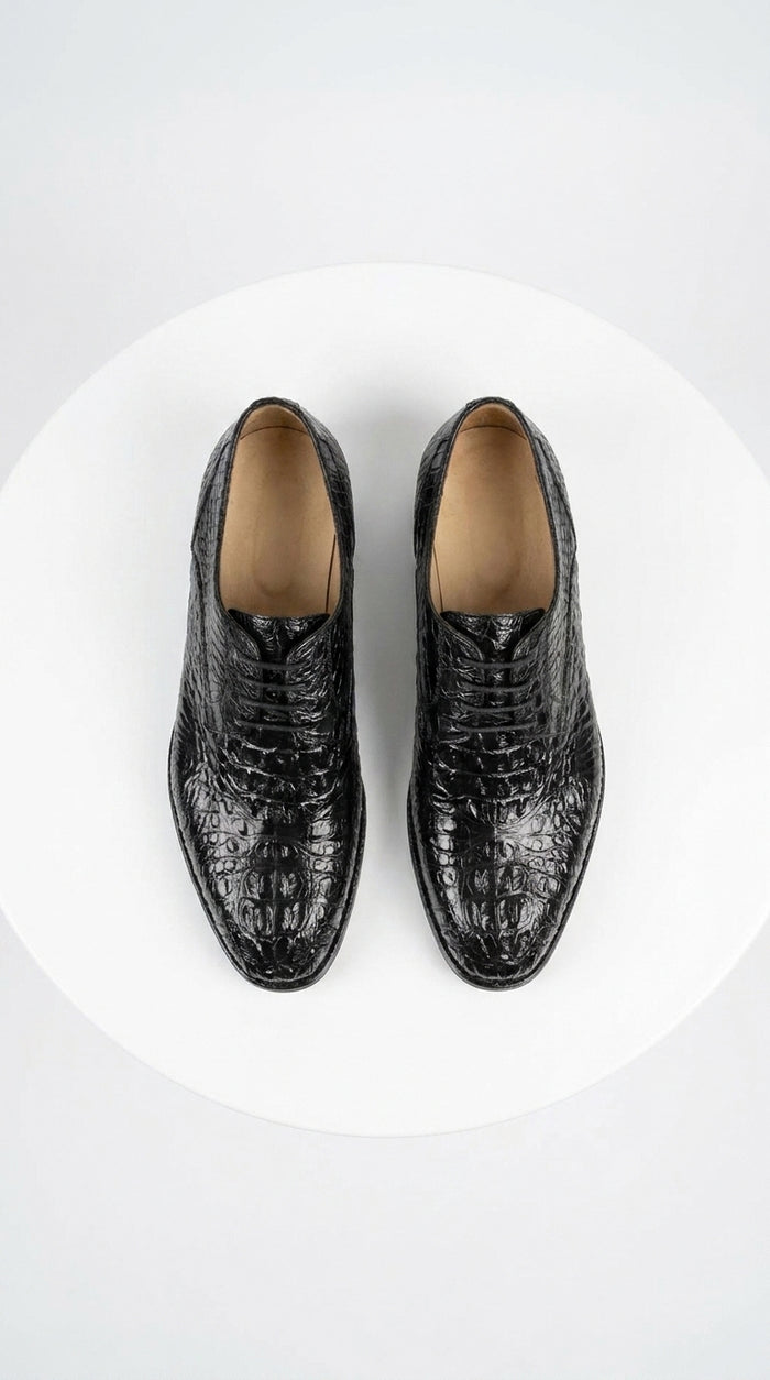Los Altos Men’s Black Caiman Hornback Plain Toe Shoes, Exotic Lace-Up Formal Dress Shoes
