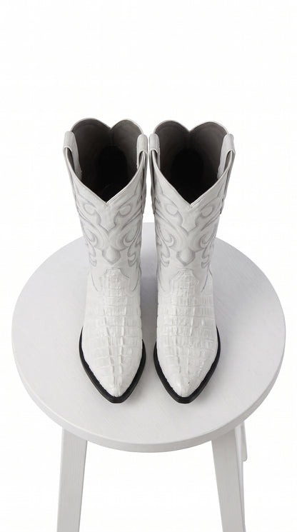 Men’s White Caiman Tail Crocodile Boots, Pointed Toe Exotic Western Cowboy Dress Boots