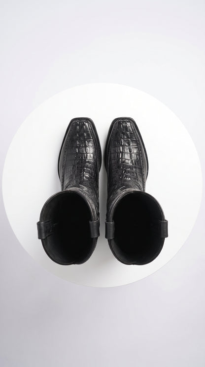 Men’s Black Caiman Crocodile and Deer Western Boots LAB-76F0105, European Toe Exotic Cowboy Dress Boots