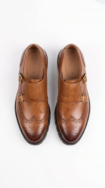Lombardy Men’s Calfskin Wingtip Double Monk Strap Dress Shoes – Lug Sole