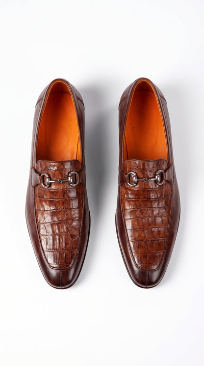 Lombardy Men’s Crocodile & Calfskin Bit Loafers – Brown Almond Toe Exotic Dress Shoes