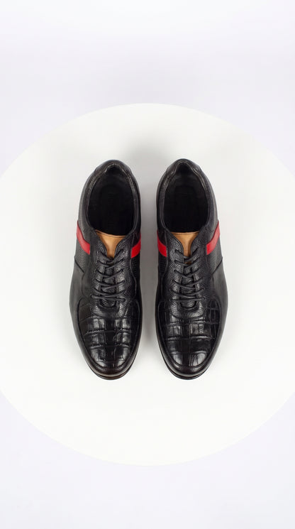 Lombardy Men’s Caiman Belly & Calfskin Sneakers – Black & Brown Exotic Leather Lace-Up Shoes