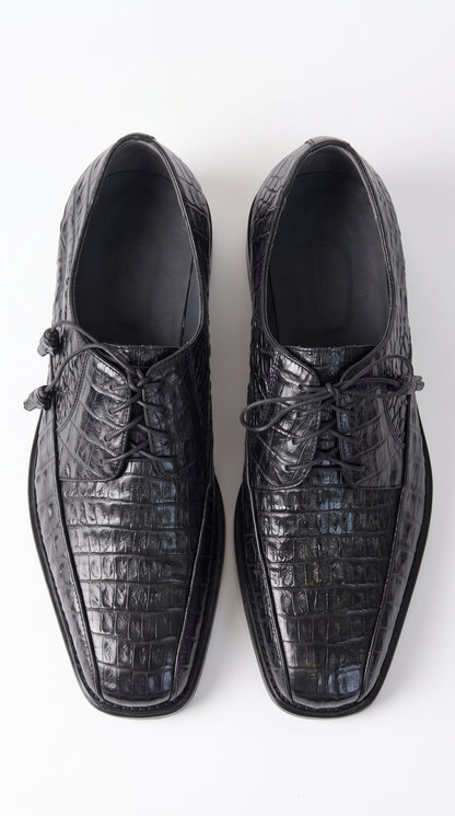 Los Altos Men’s Black Genuine Caiman Belly Oxford Shoes – Exotic Leather Lace-Up Dress Shoes