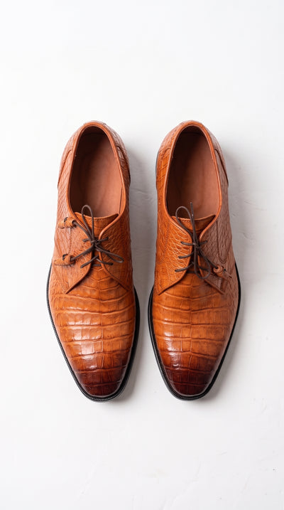 Los Altos Men’s Cognac All-Over Crocodile Lace-Up Shoes, Exotic Formal Dress Shoes
