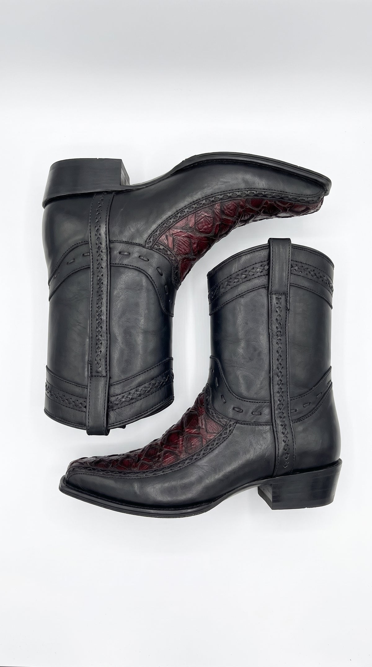 Los Altos Men's Genuine Monster Fish Skin Short Boots – Black Cherry Exotic Leather European Toe Western Cowboy Boots