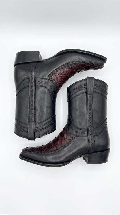 Los Altos Men's Genuine Monster Fish Skin Short Boots – Black Cherry Exotic Leather European Toe Western Cowboy Boots