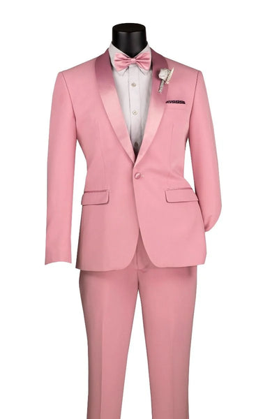 Dusty Rose Pink Tuxedo for Men – One Button Satin Lapel Wedding Prom Suit with Bow Tie 2   - from alligatorwarehouse.com