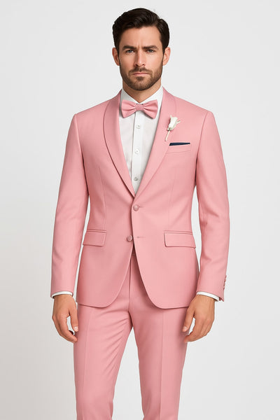 Dusty Rose Pink Tuxedo for Men – One Button Satin Lapel Wedding Prom Suit with Bow Tie 1   - from alligatorwarehouse.com