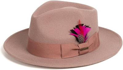 Gangster 100% Austrailian Wool Crushable Mens Fedora Hat - Removable Feather Gangster Dusty Pink Mens Fedora Hat 1   - from alligatorwarehouse.com