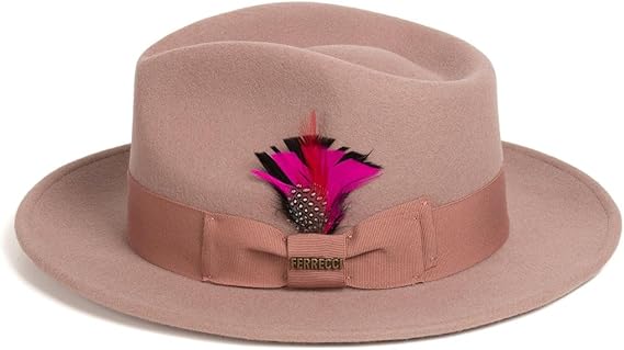 Gangster 100% Austrailian Wool Crushable Mens Fedora Hat - Removable Feather Gangster Dusty Pink Mens Fedora Hat