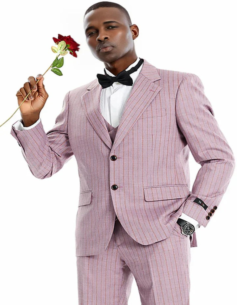 Men's Two Button Vested Wide Notch Lapel Vintage Style Dusty Rose Pink Pinstripe Pattern Pinstripe Suit 2   - from alligatorwarehouse.com