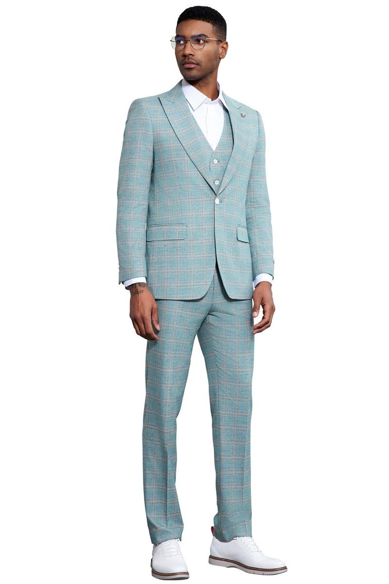 Men's Stacy Adams Vested Peak Lapel Light Turquoise Green Plaid Prom & Wedding Suit