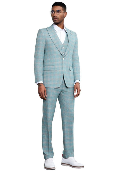 Men's Stacy Adams Vested Peak Lapel Light Turquoise Green Plaid Prom & Wedding Suit 3 SM182H1-01-38R  - from alligatorwarehouse.com