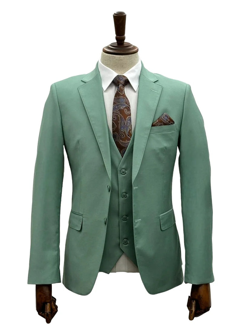 Mens Giovanni Testi Mint 3 Piece Suit – Modern Fit 2 Button Notch Lapel with Pick Stitching & Flex Waist Pants