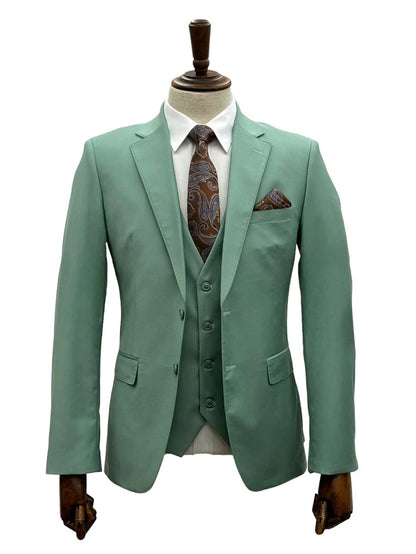 Mens Giovanni Testi Mint 3 Piece Suit – Modern Fit 2 Button Notch Lapel with Pick Stitching & Flex Waist Pants