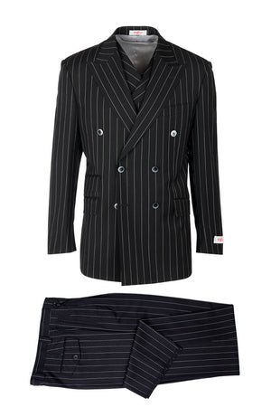 Tiglio Italian Suit - Real Wool Fabric Super 150's EST Pinstripe, Wide Leg Suit & Vest in Color Black