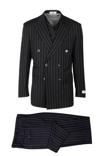 Tiglio Italian Suit - Real Wool Fabric Super 150's EST Pinstripe, Wide Leg Suit & Vest in Color Black 1 tiglio-est-pinstripe-wide-leg-suit-vest-40r  - from alligatorwarehouse.com