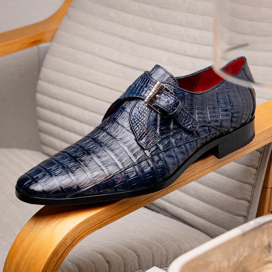 Marco Di Milano Rovigo Men's Shoes Navy Exotic Crocodile Skin Single Monk-strap Loafers