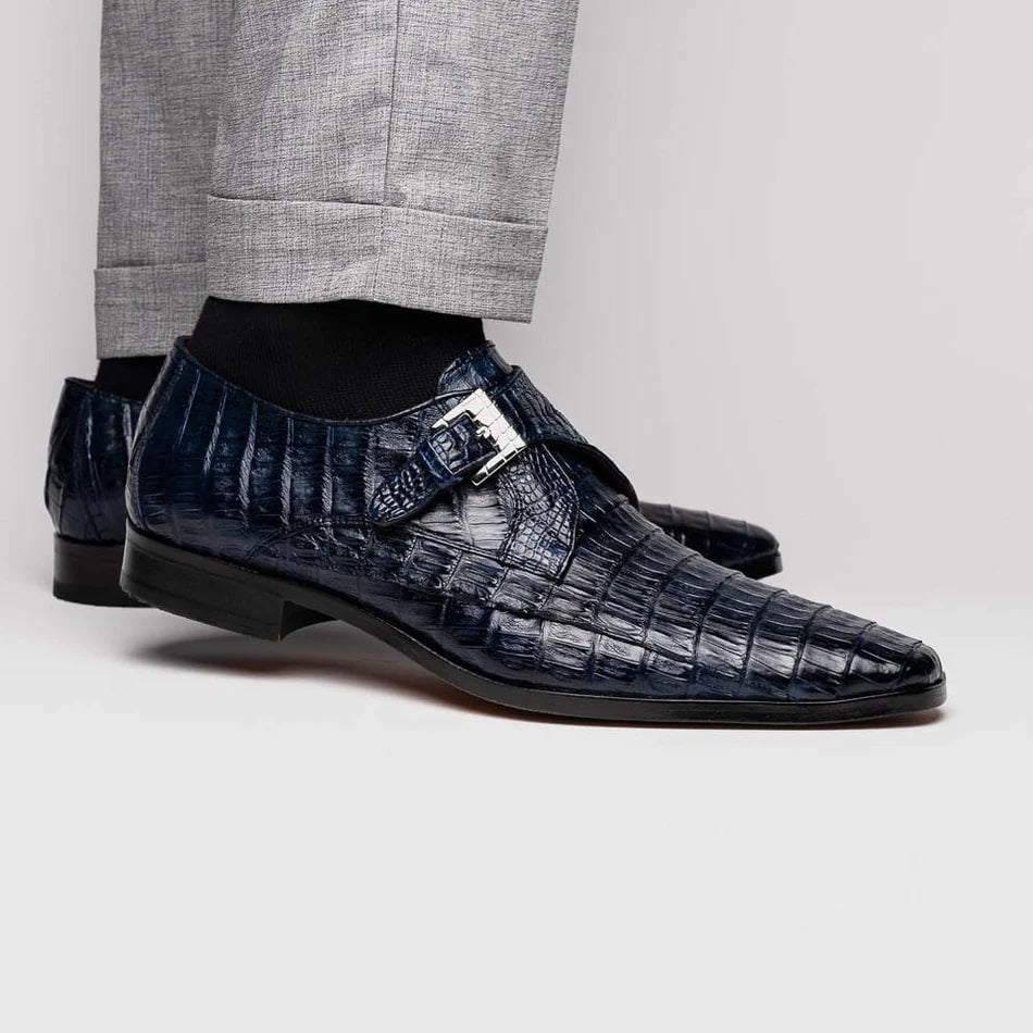 Marco Di Milano Rovigo Men's Shoes Navy Exotic Crocodile Skin Single Monk-strap Loafers