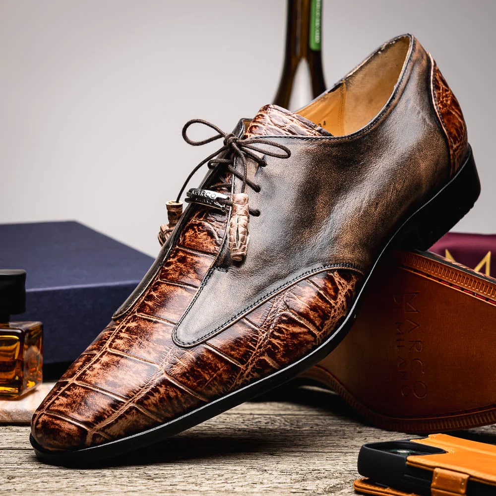 Marco Di Milano Anzio Exotic Alligator & Calfskin Leather Orix & Brown Oxfords