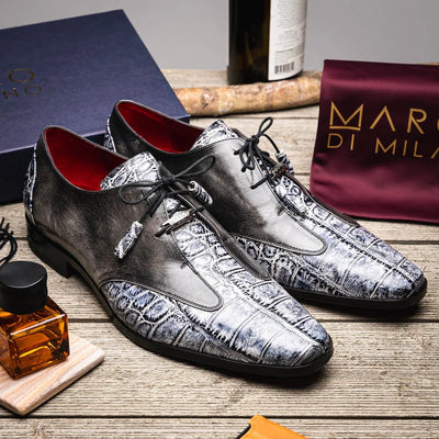 Marco Di Milano Anzio Exotic Alligator & Calfskin Leather Newspaper & Gray Oxfords 9 ANZIO_ALLIGATOR_NEWSPAPER_8  - from alligatorwarehouse.com