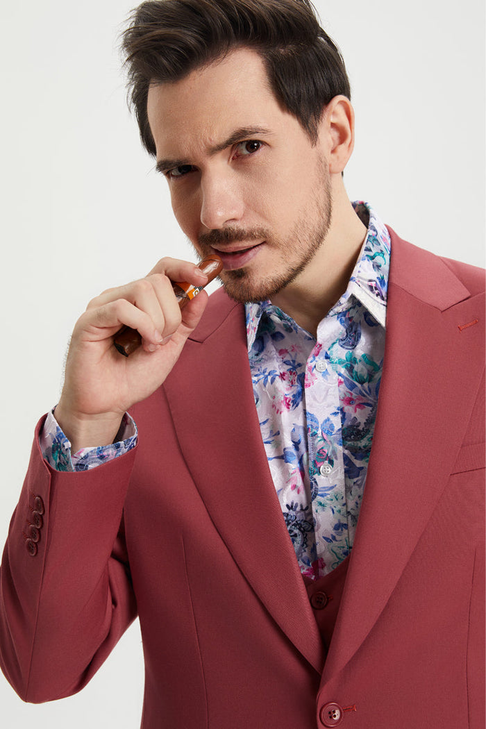 Men's Vested One Button Peak Lapel Stacy Adams Designer Suit in Coral Blush Pink