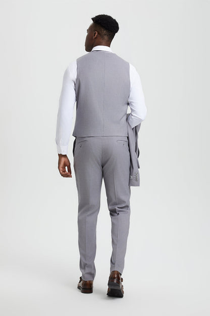 Men's Vested One Button Peak Lapel Stacy Adams Designer Suit in Light Grey