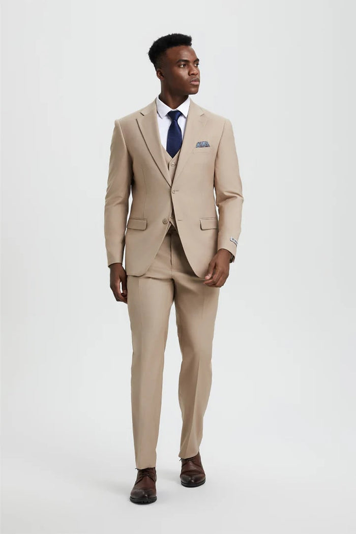 Men’s Stacy Adams Tan Suit – Vested, Two-Button, Timeless Designer Style