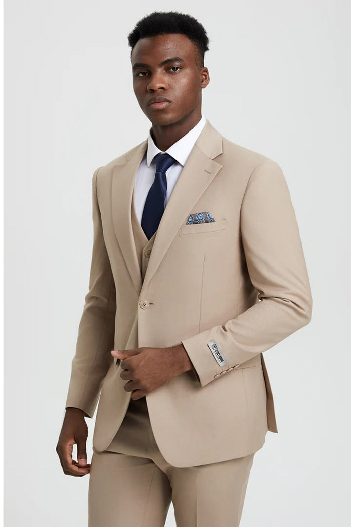 Men’s Stacy Adams Tan Suit – Vested, Two-Button, Timeless Designer Style