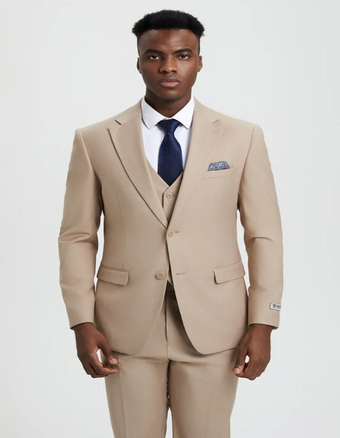Men’s Stacy Adams Tan Suit – Vested, Two-Button, Timeless Designer Style