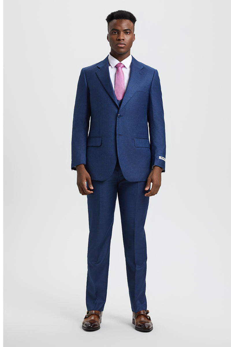 Men's Two Button Vested Stacy Adams Designer Sharkskin Suit in Blue