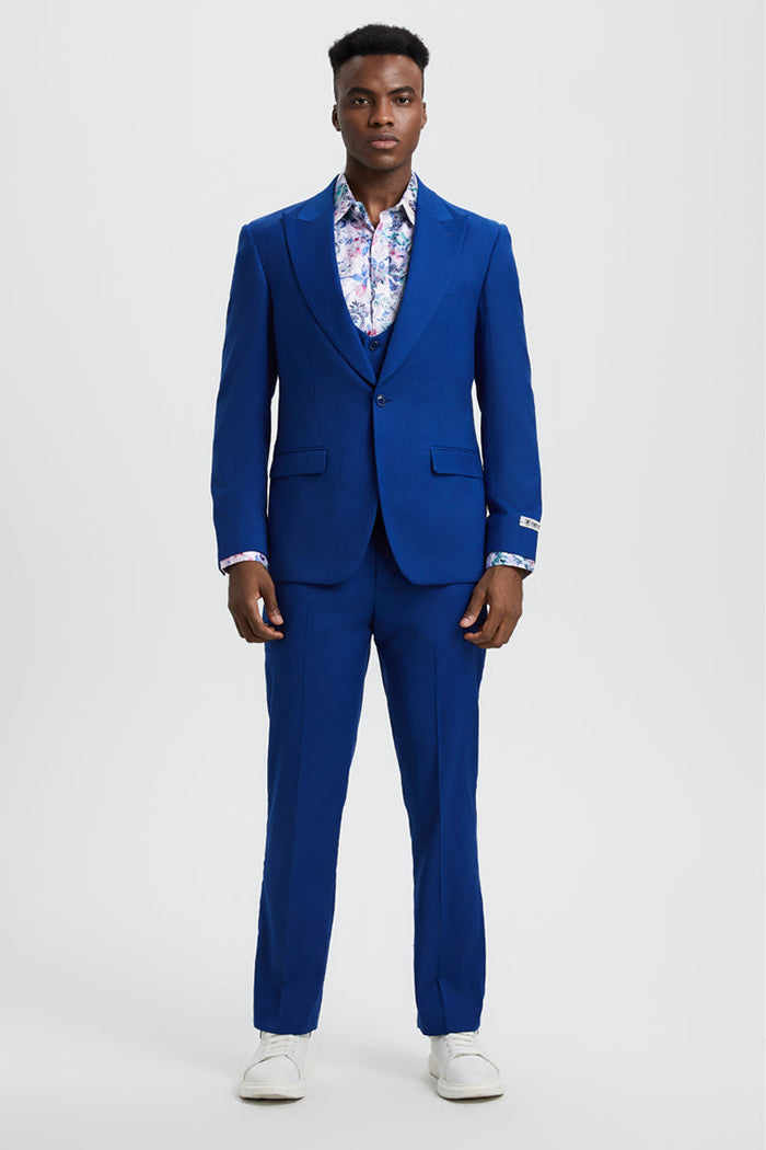 Men's Vested One Button Peak Lapel Stacy Adams Suit in Indigo Blue