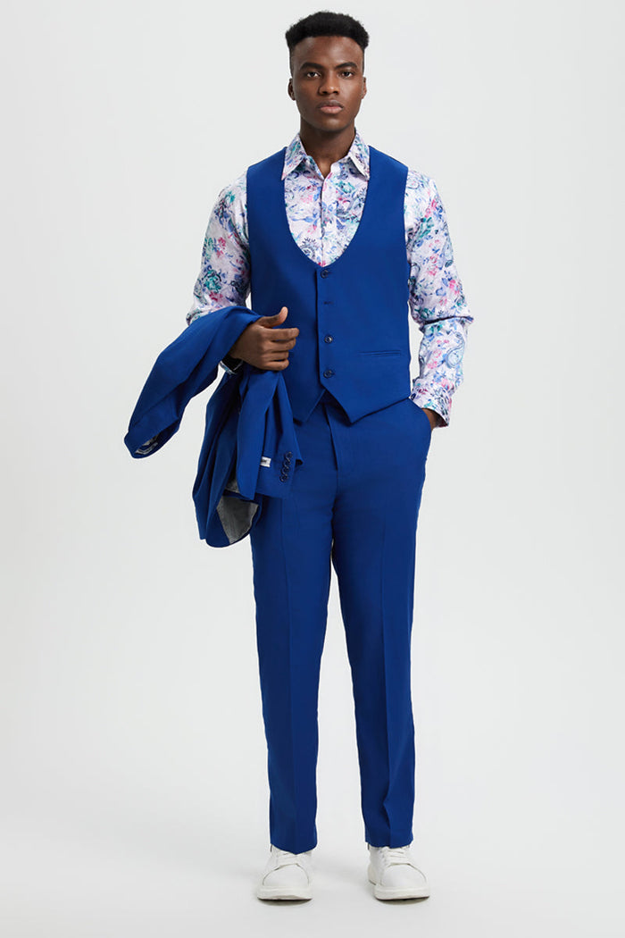 Men's Vested One Button Peak Lapel Stacy Adams Suit in Indigo Blue