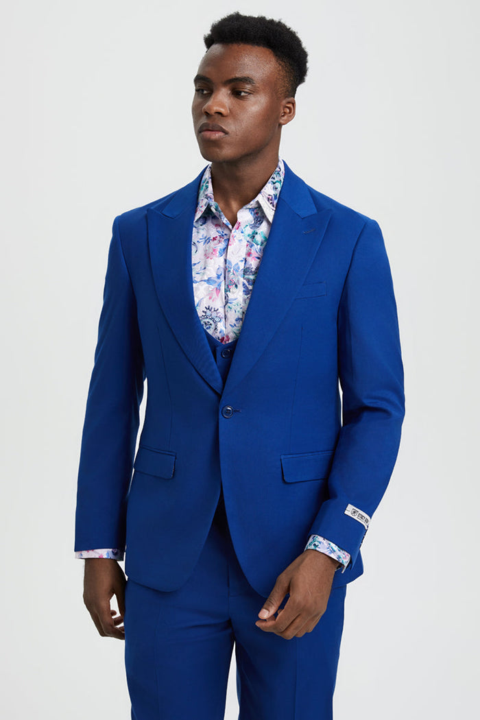 Men's Vested One Button Peak Lapel Stacy Adams Suit in Indigo Blue