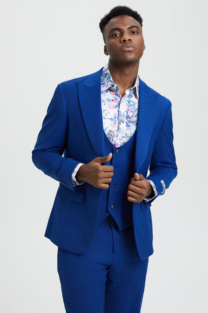 Men's Vested One Button Peak Lapel Stacy Adams Suit in Indigo Blue