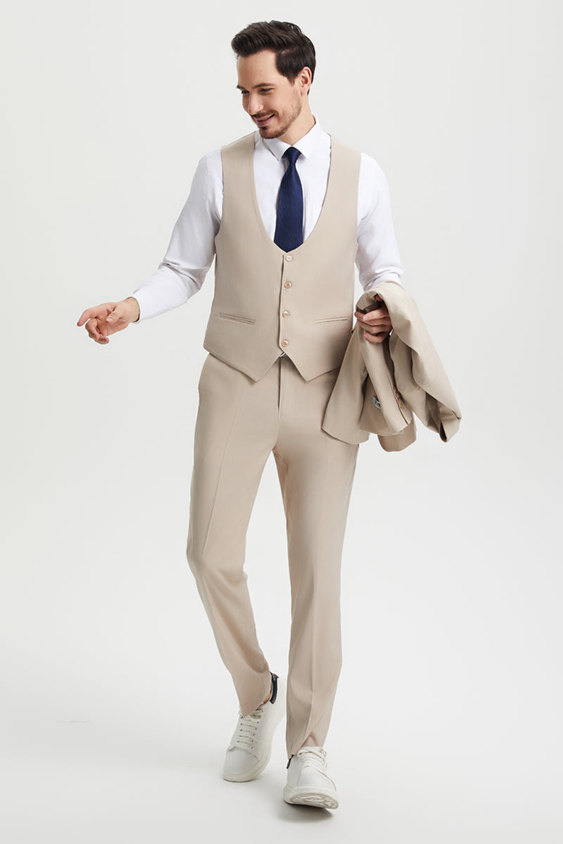 Men's Vested One Button Peak Lapel Stacy Adams Designer Suit in Tan
