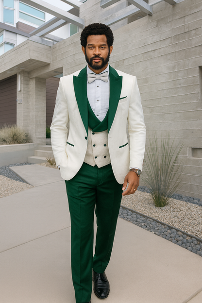 Hilton White and Hunter Green Paisley Peak Lapel Tuxedo Jacket with Matching Shawl Vest and Wool Pants – Includes Bow Tie