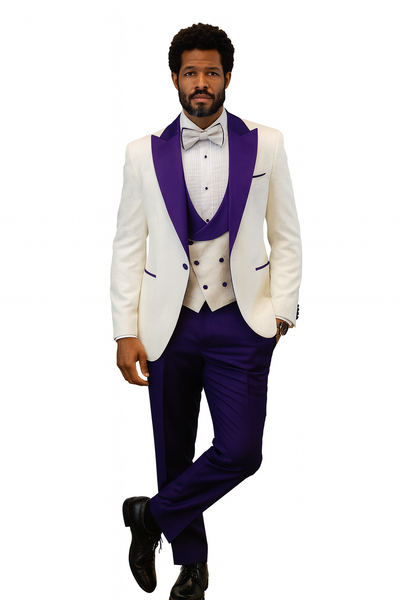 Hilton White and Purple Paisley Peak Lapel Tuxedo Jacket with Matching Shawl Vest and Wool Pants – Includes Bow Tie 6   - from alligatorwarehouse.com