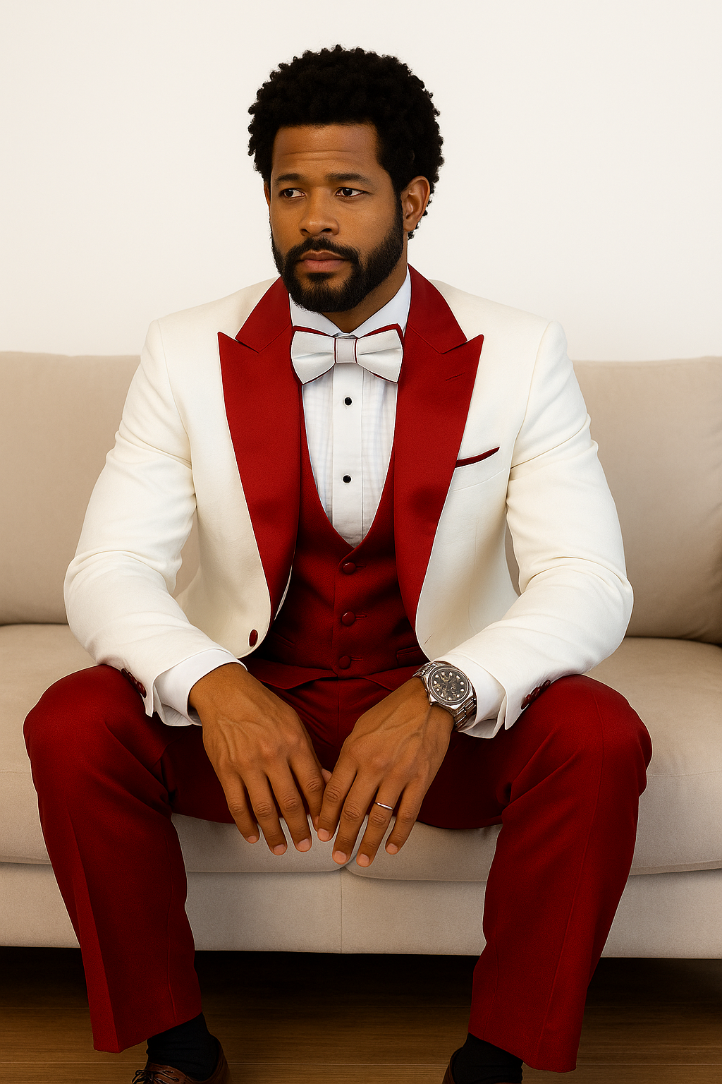 Hilton White and Red Paisley Peak Lapel Tuxedo Jacket with Matching Shawl Vest and Wool Pants – Includes Bow Tie