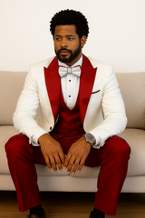 Hilton White and Red Paisley Peak Lapel Tuxedo Jacket with Matching Shawl Vest and Wool Pants – Includes Bow Tie